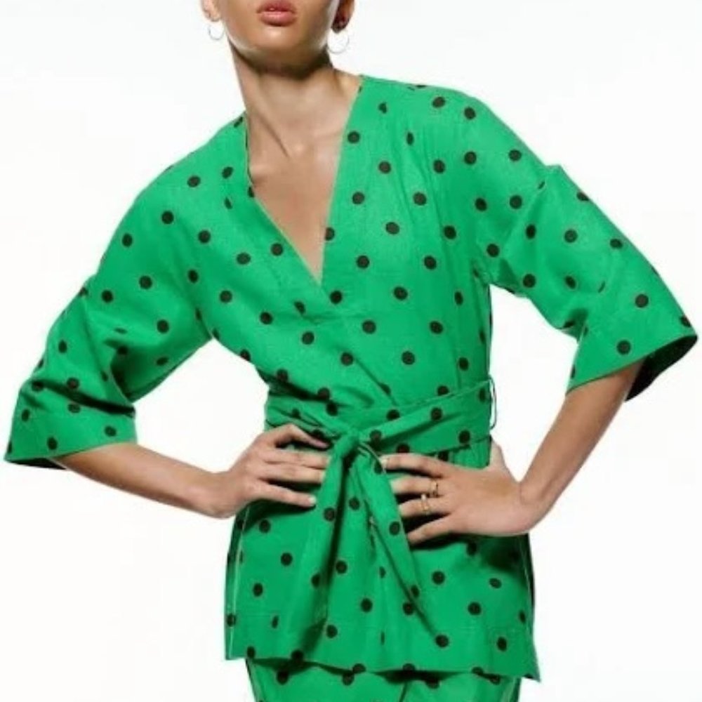 Zara New Women's Belt Polka Dots Green/Vine Linen Blouse Tunic Top Size S